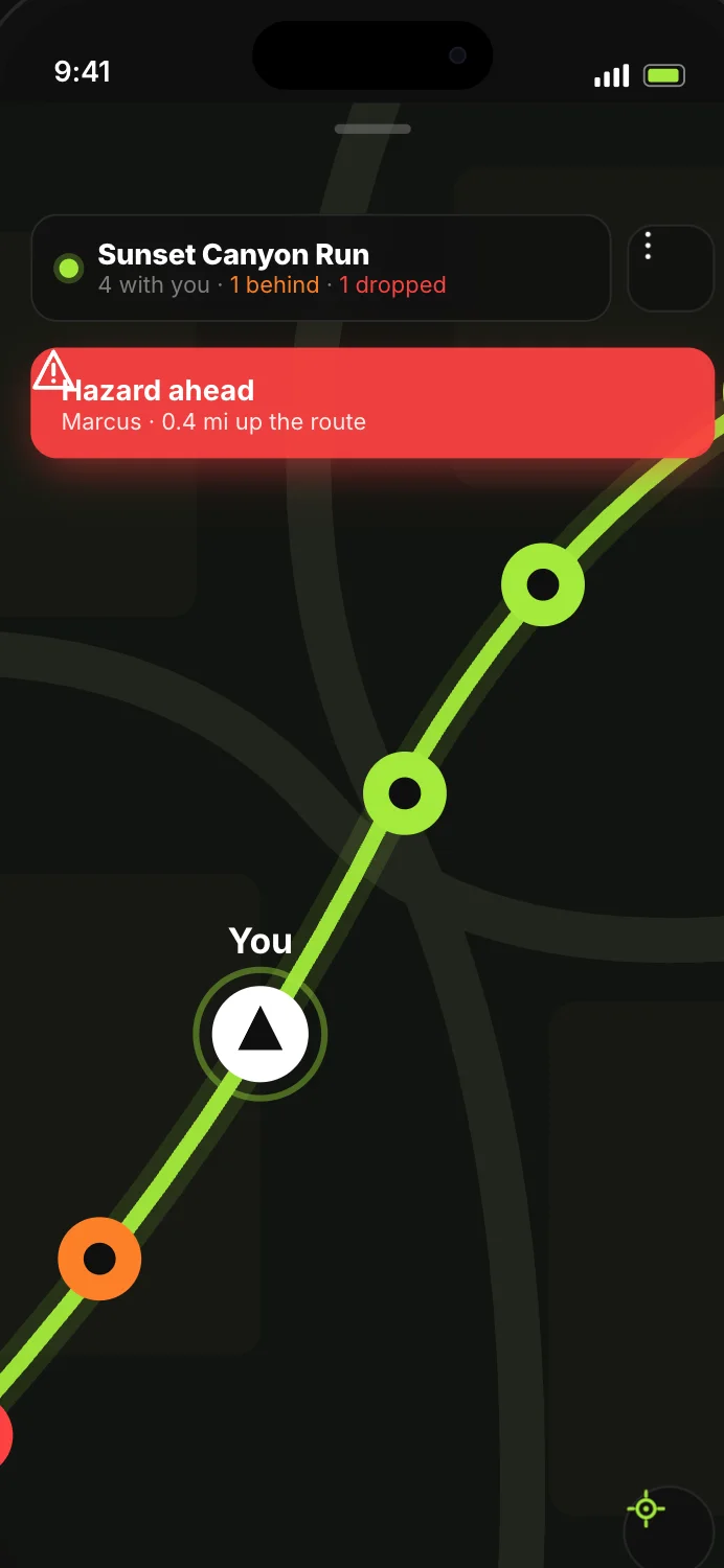 The Cruisin live map during a cruise: a lime route line with convoy members marked by status, and an incoming hazard alert from the lead.