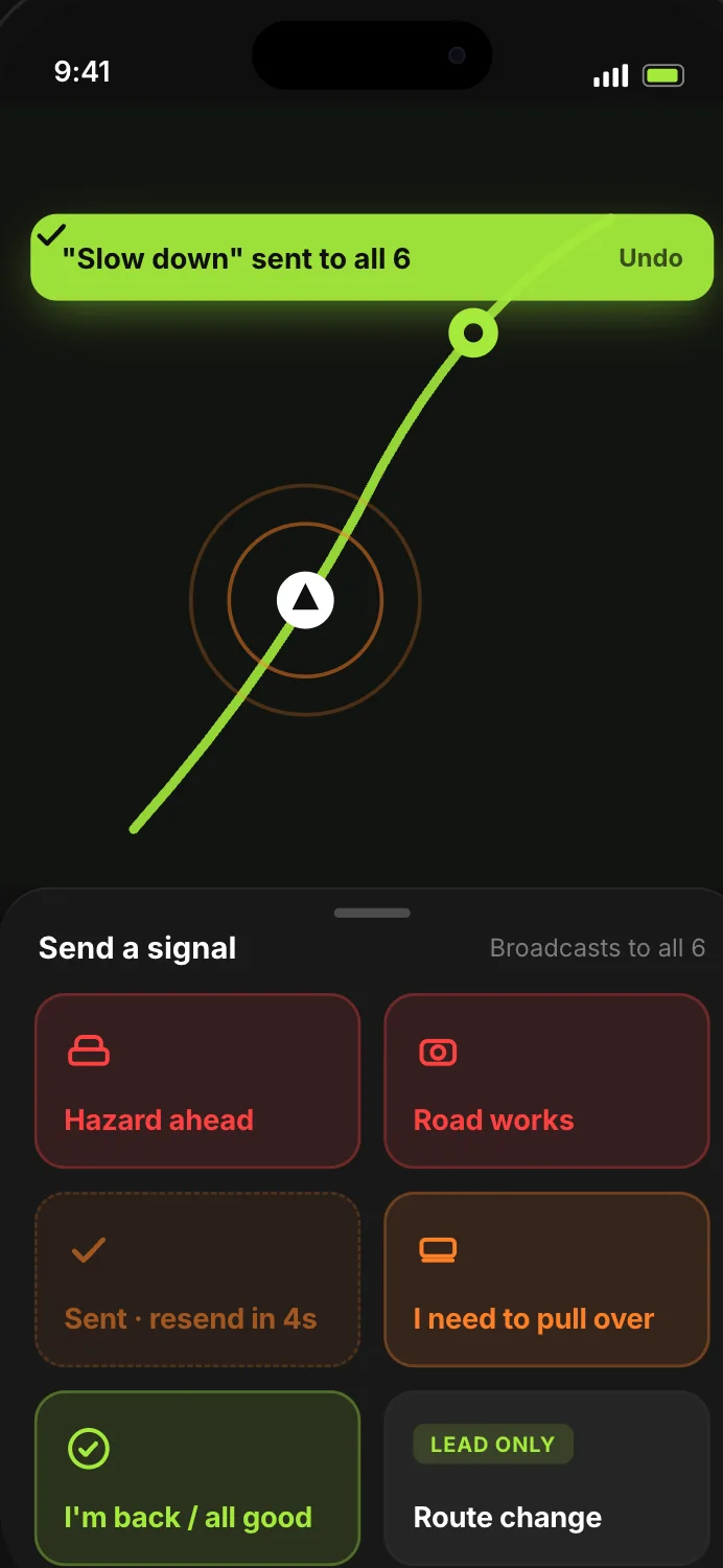 The Cruisin signal sheet: a grid of one-tap signals broadcasting to the whole convoy, with a sent confirmation and resend cooldown.